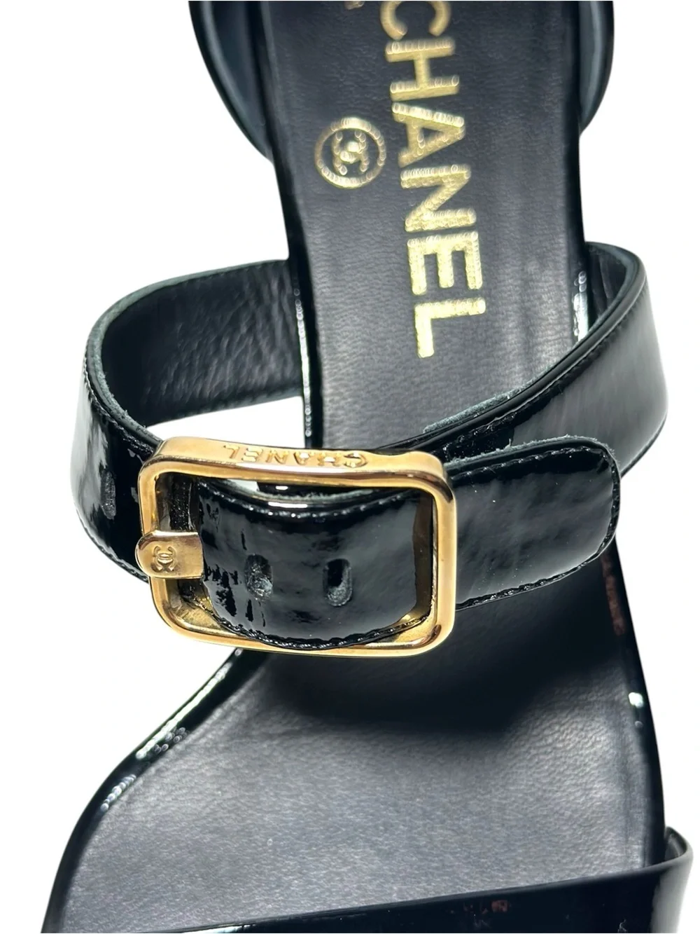 CHANEL Black Patent Goatskin 2022 22S Curved Block Heel Sandal size 36 Authentic
